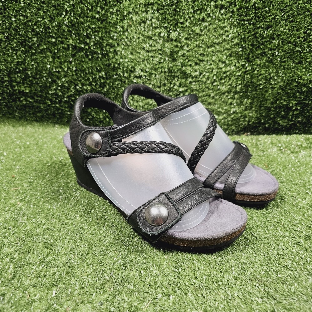 Aetrex Naya Black Braided Quarter Strap‎ Wedge Sandal Womens 36 Size 6.5